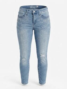 Seven7 Mid Rise Skinny Light Wash Distressed Rhinestone Jeans Women Size 8